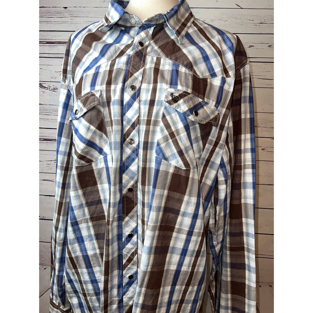 Cowboy Hardware Western Shirt Mens XXL Plaid Pearl Snap Barbed Wire Embroidered